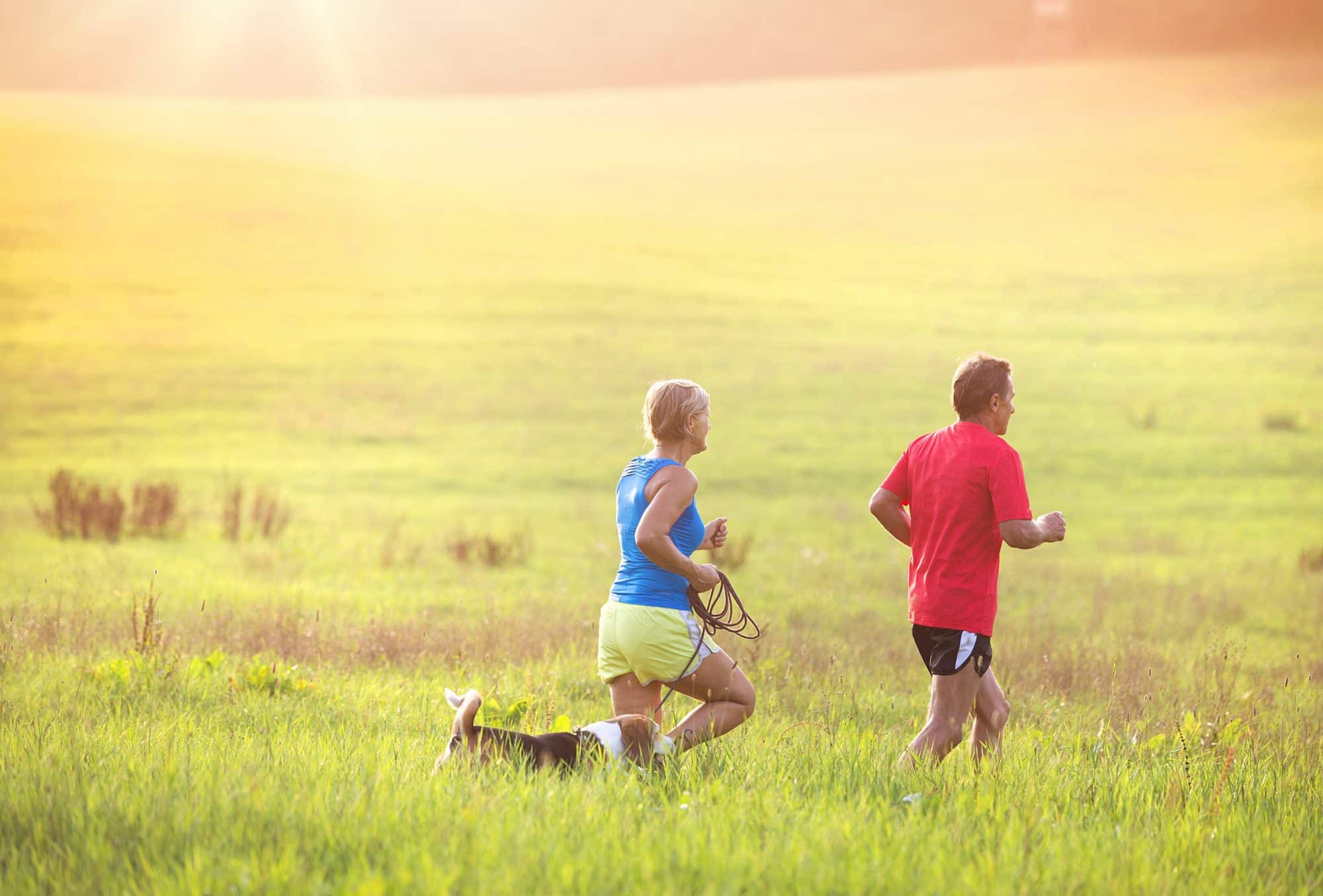 Senior couple running with their dog as they discuss Medicare Advantage.